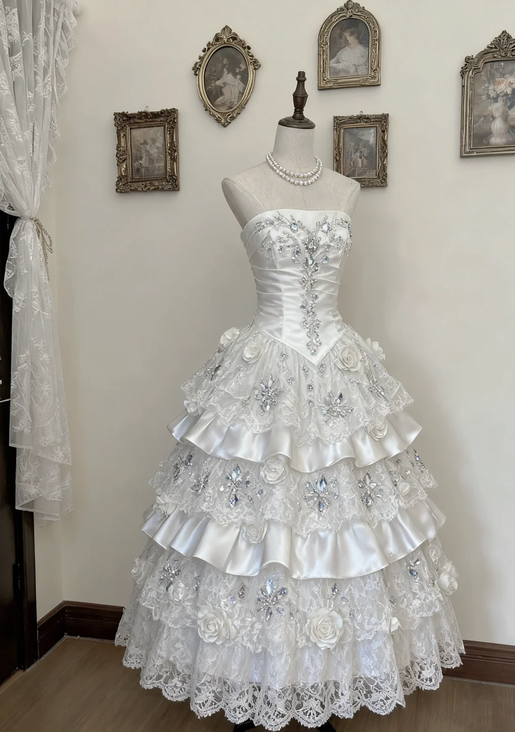 Princess Ball Gown Strapless Tiered Satin Lace Beaded Long Prom Dress, Evening Dress