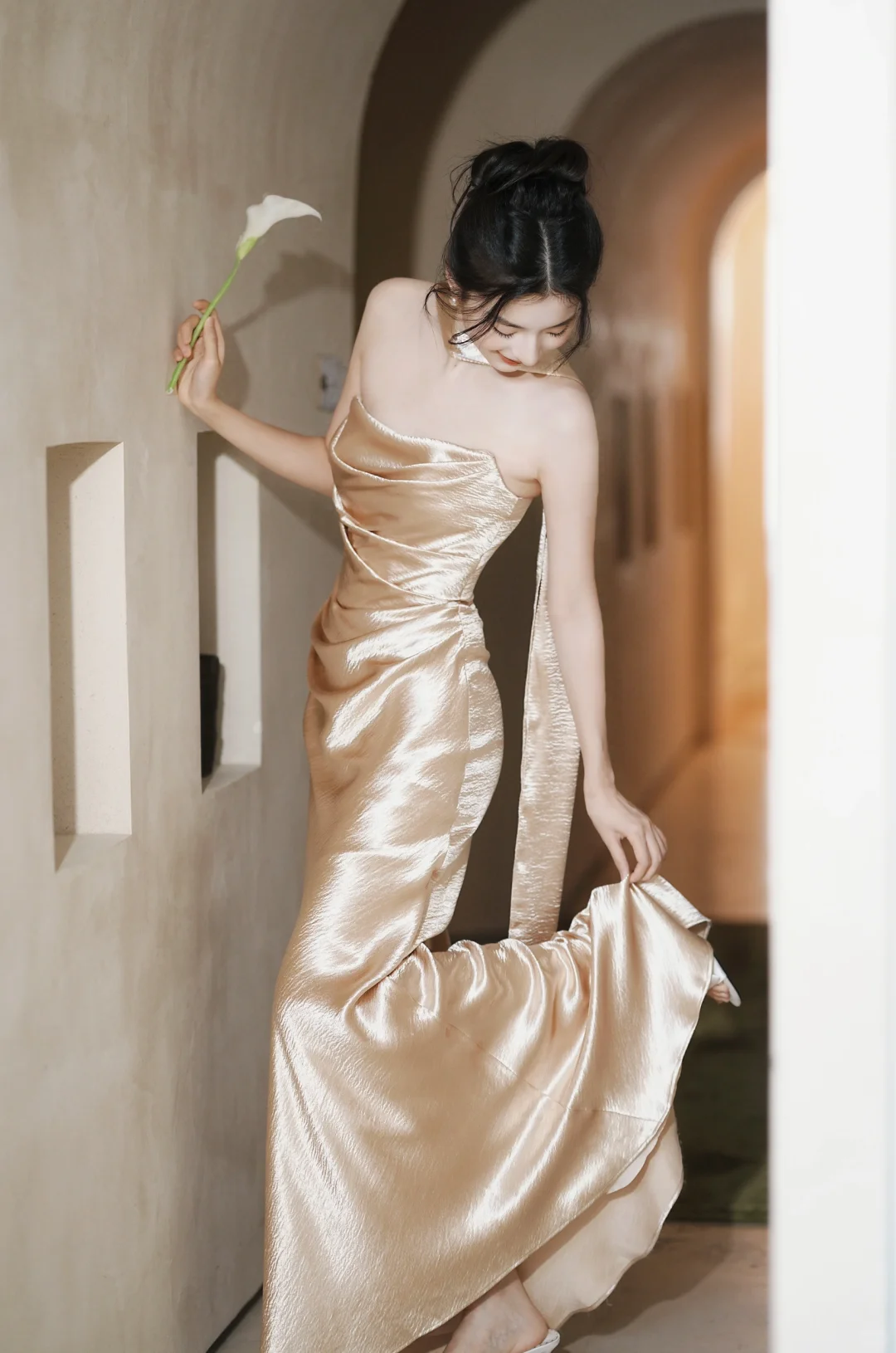 Classy Mermaid Strapless Satin Long Prom Dress, Evening Dress