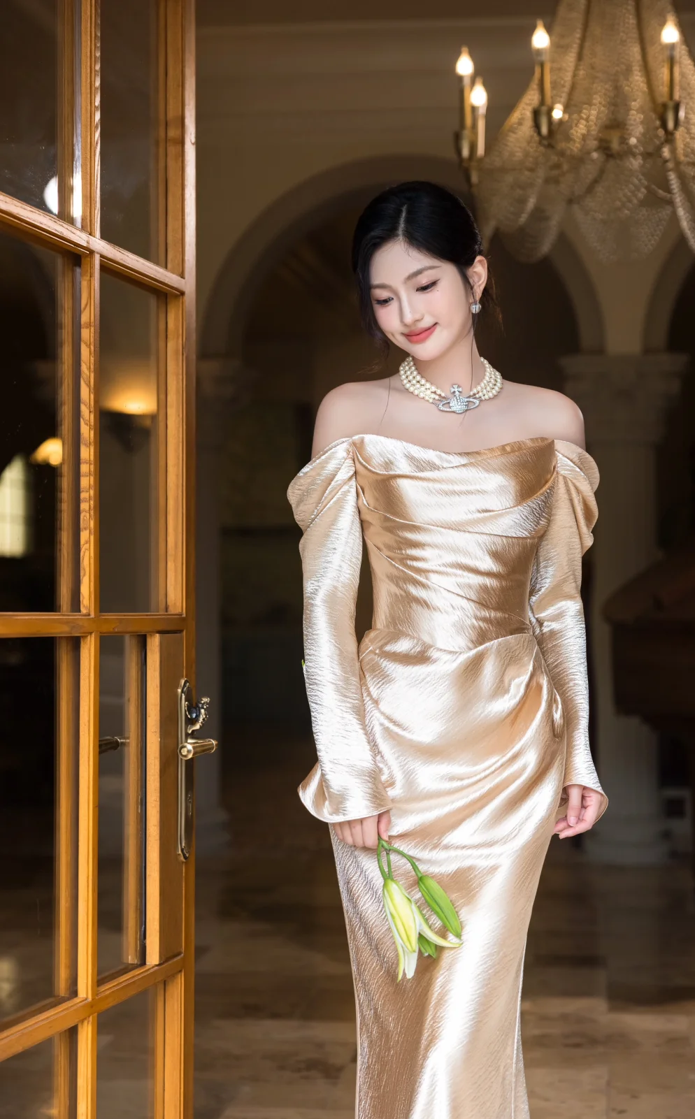 Graceful Mermaid Off The Shoulder Satin With Long Sleeves Long Prom Dress, Evening Dress
