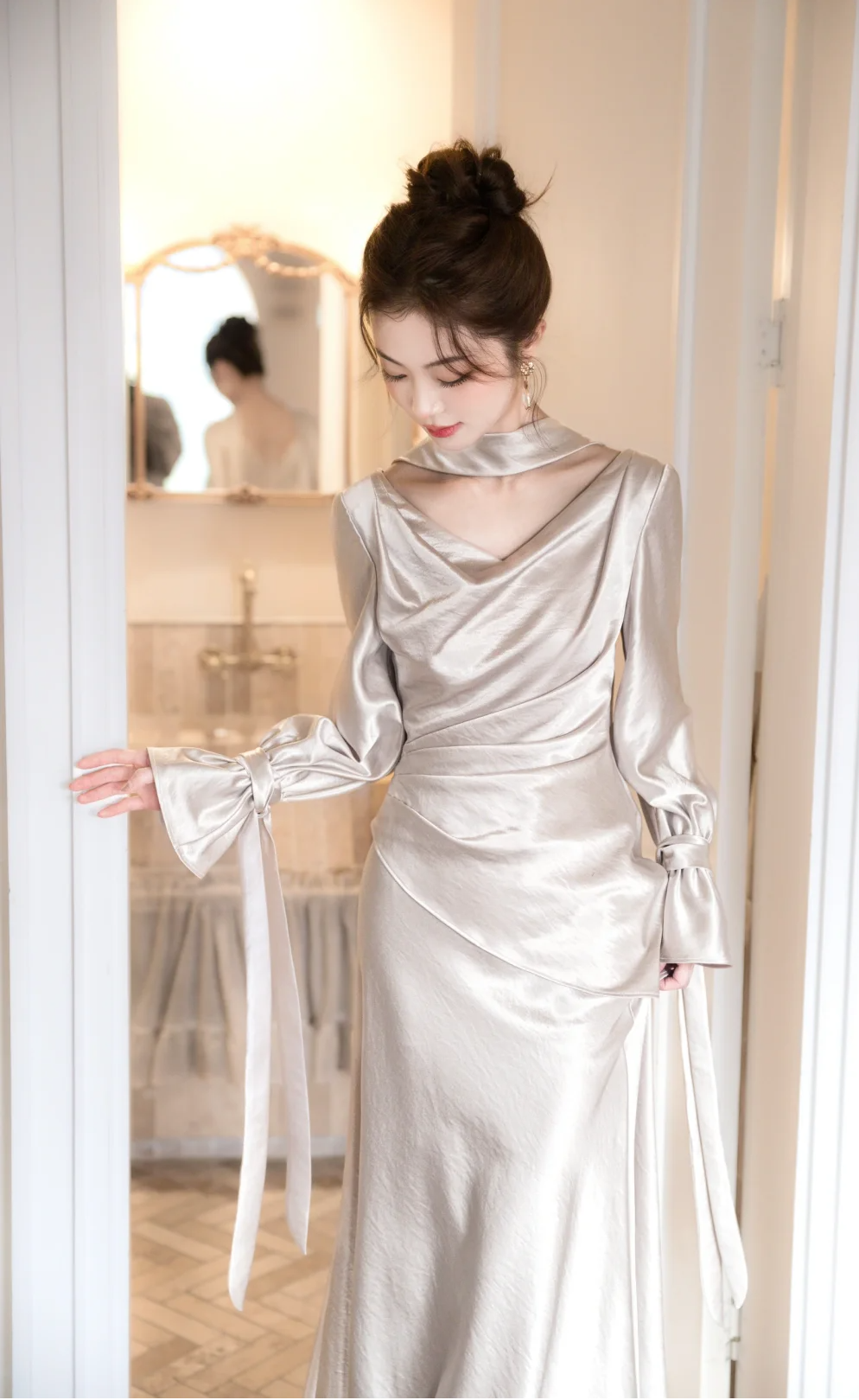 Classy Mermaid V Neck Satin With Long Sleeves Long Prom Dress, Evening Dress