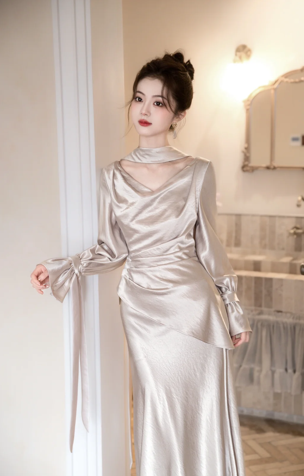 Classy Mermaid V Neck Satin With Long Sleeves Long Prom Dress, Evening Dress