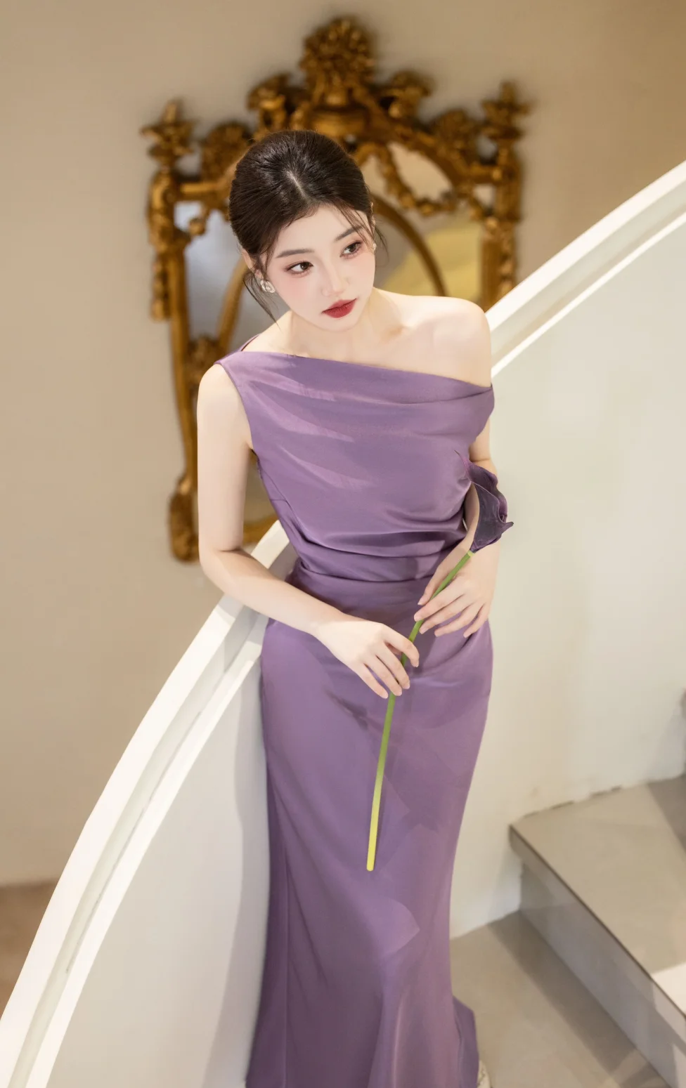 Modest Mermaid Off The Shoulder Lilac Satin Long Prom Dress, Evening Dress