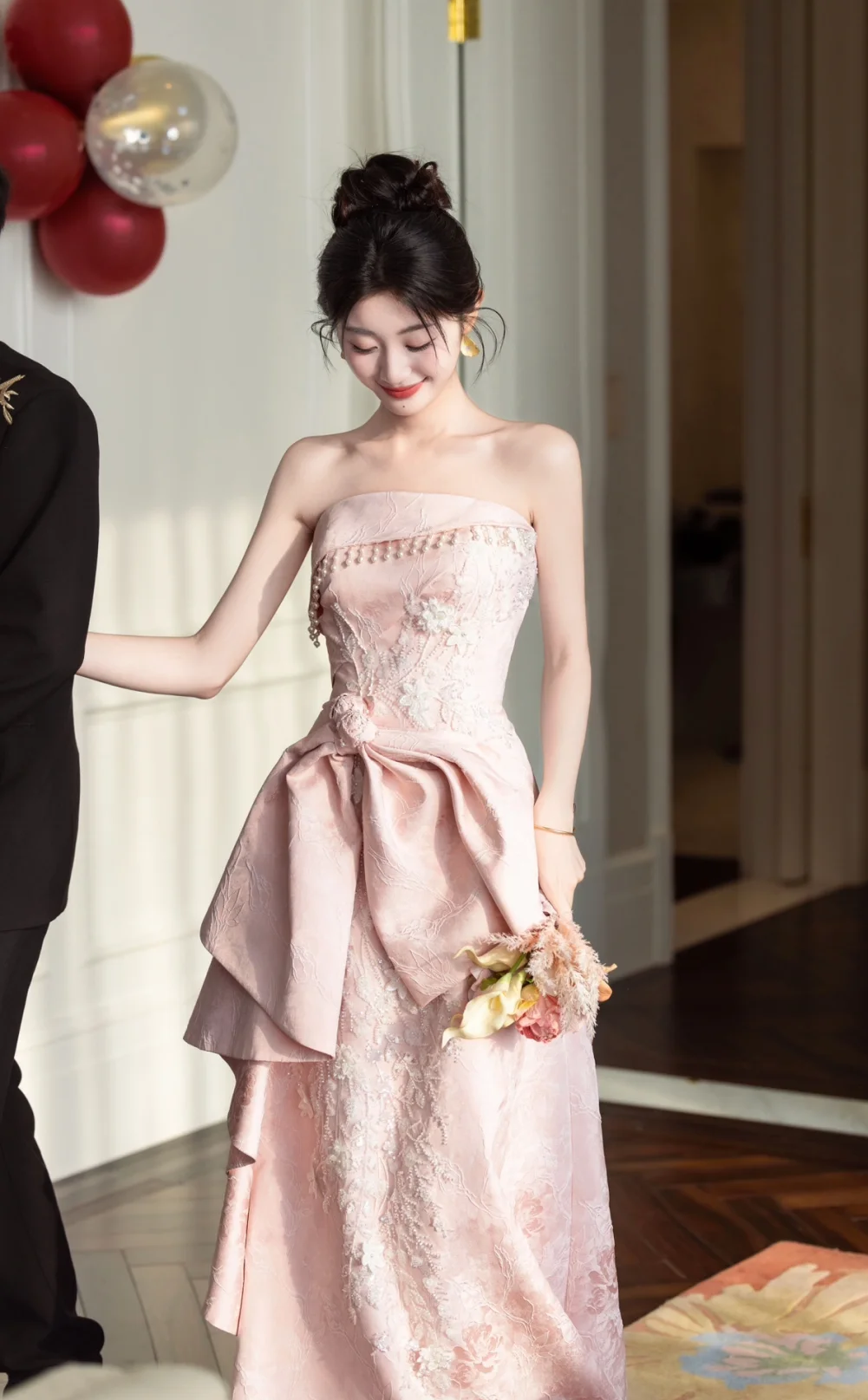 Gorgeous A Line Strapless Satin Lace Long Prom Dress, Evening Dress