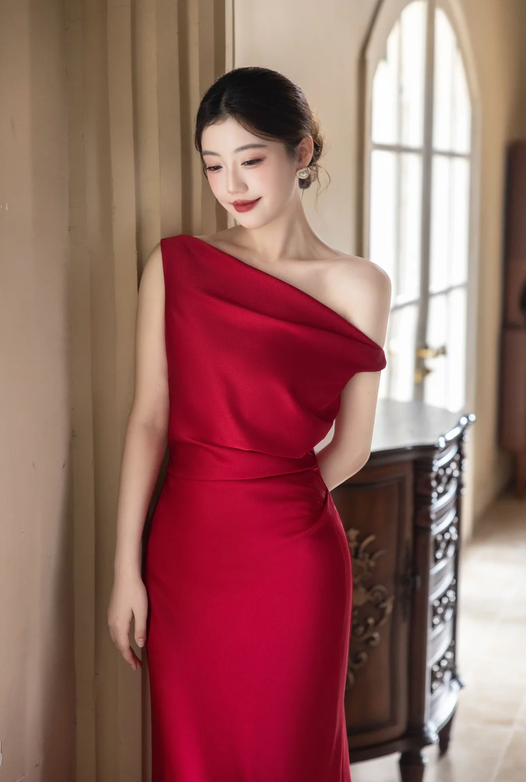 Classy Burgundy Mermaid Off The Shoulder Satin Long Prom Dress, Evening Dress