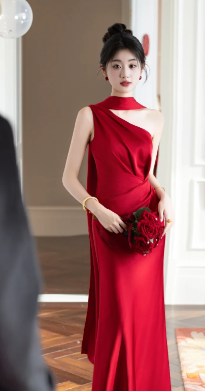 Chic Mermaid One Shoulder Burgundy Satin Long Prom Dress, Evening Dress