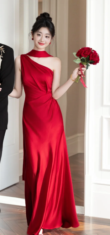 Chic Mermaid One Shoulder Burgundy Satin Long Prom Dress, Evening Dress