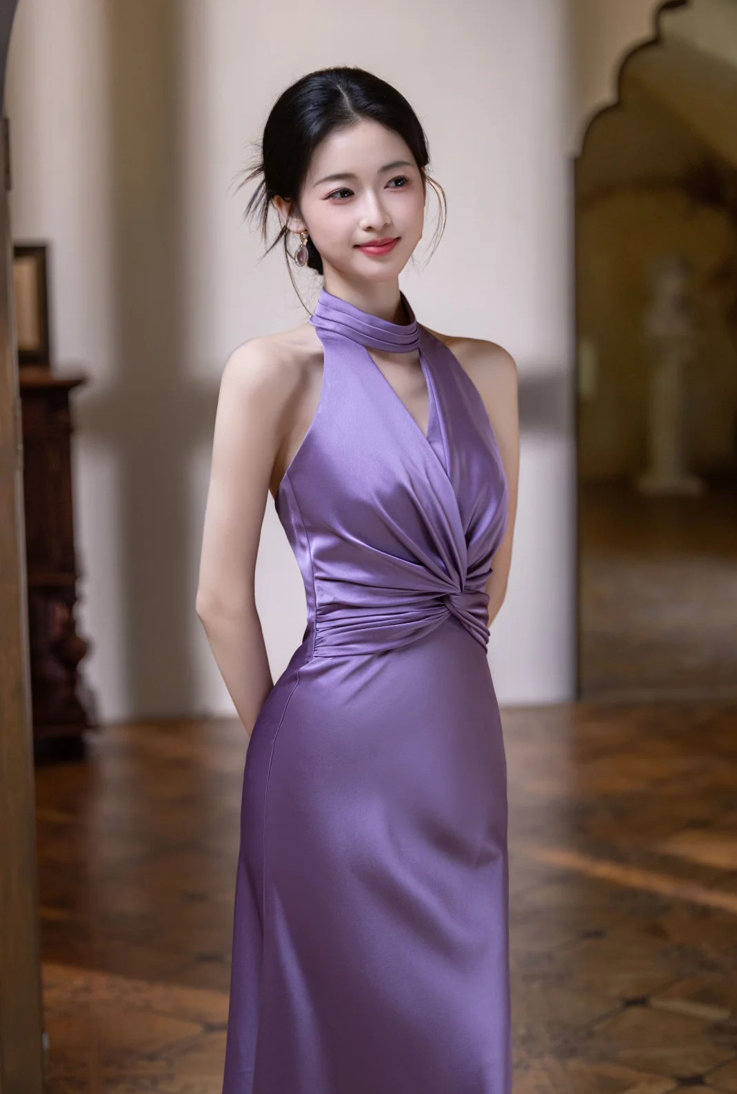 Elegant Mermaid Halter Pleated Satin Long Prom Dress, Evening Dress