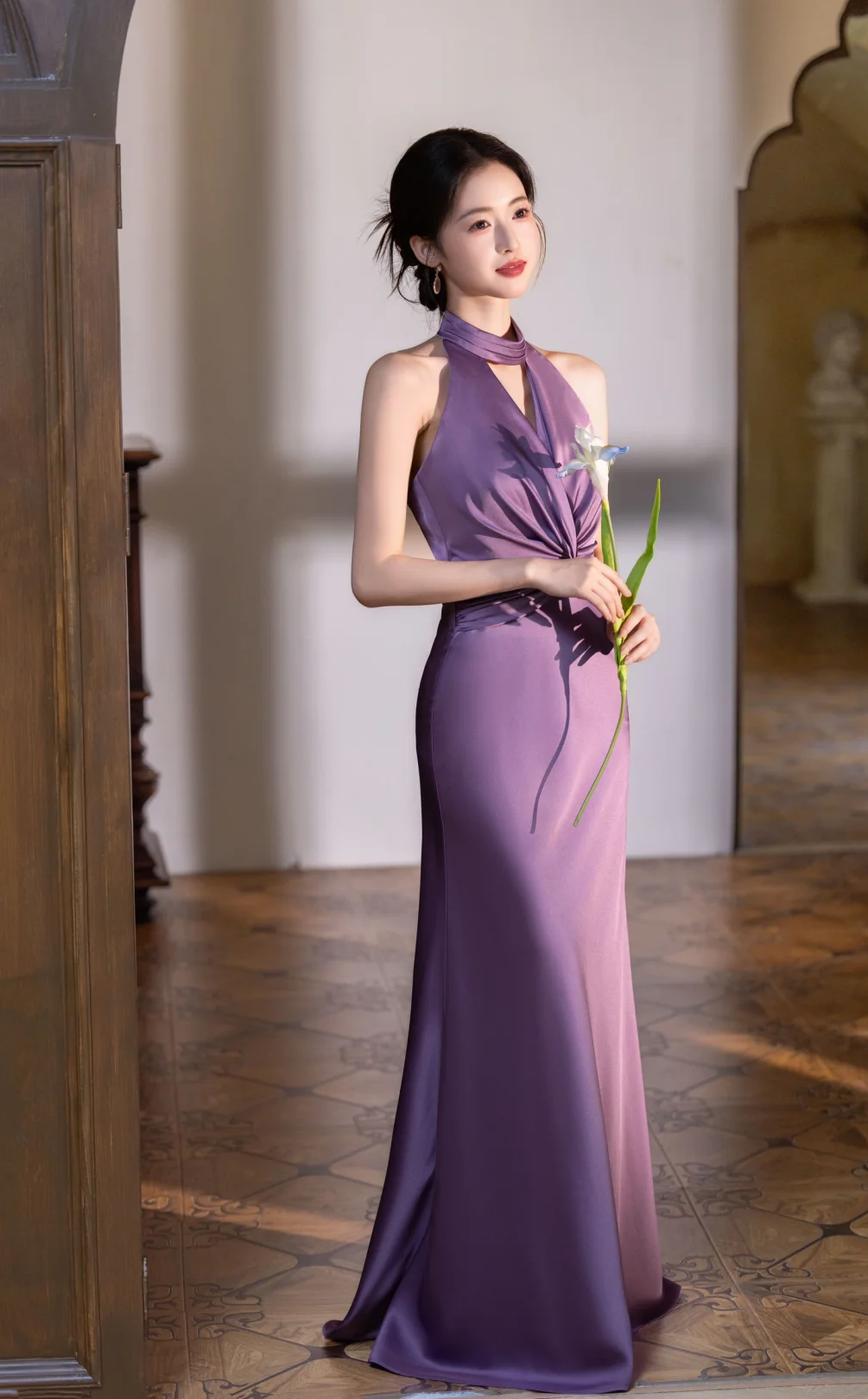 Elegant Mermaid Halter Pleated Satin Long Prom Dress, Evening Dress