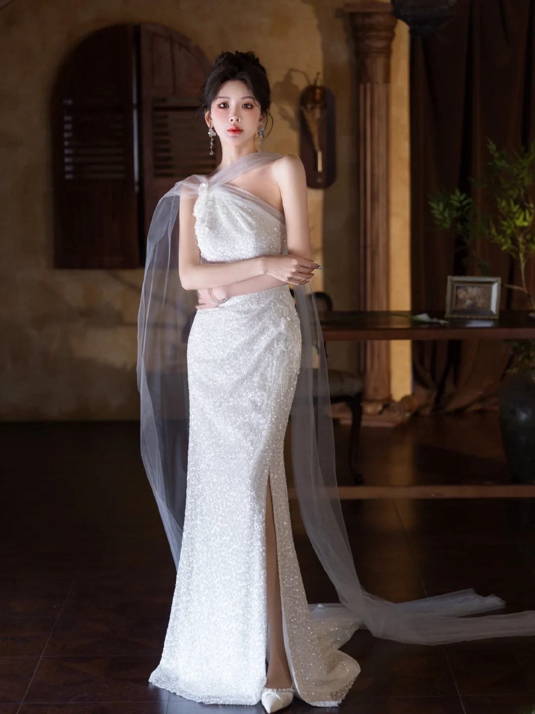 Shiny Mermaid One Shoulder Tulle Sequin Slit Long Prom Dress, Evening Dress