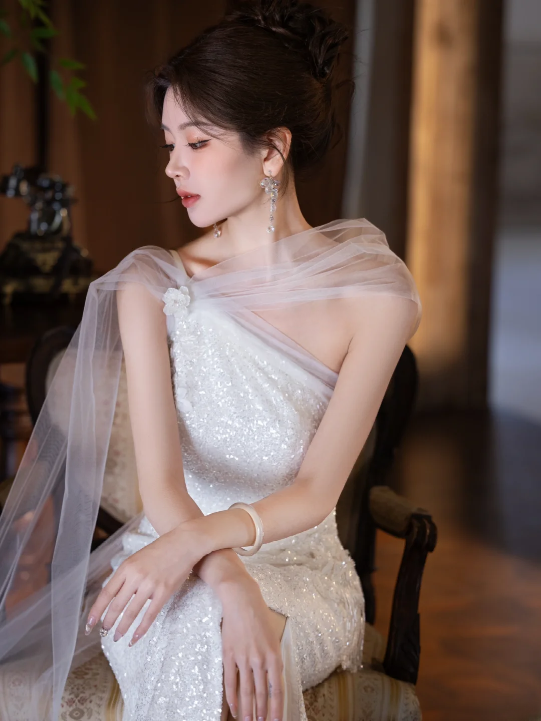 Shiny Mermaid One Shoulder Tulle Sequin Slit Long Prom Dress, Evening Dress