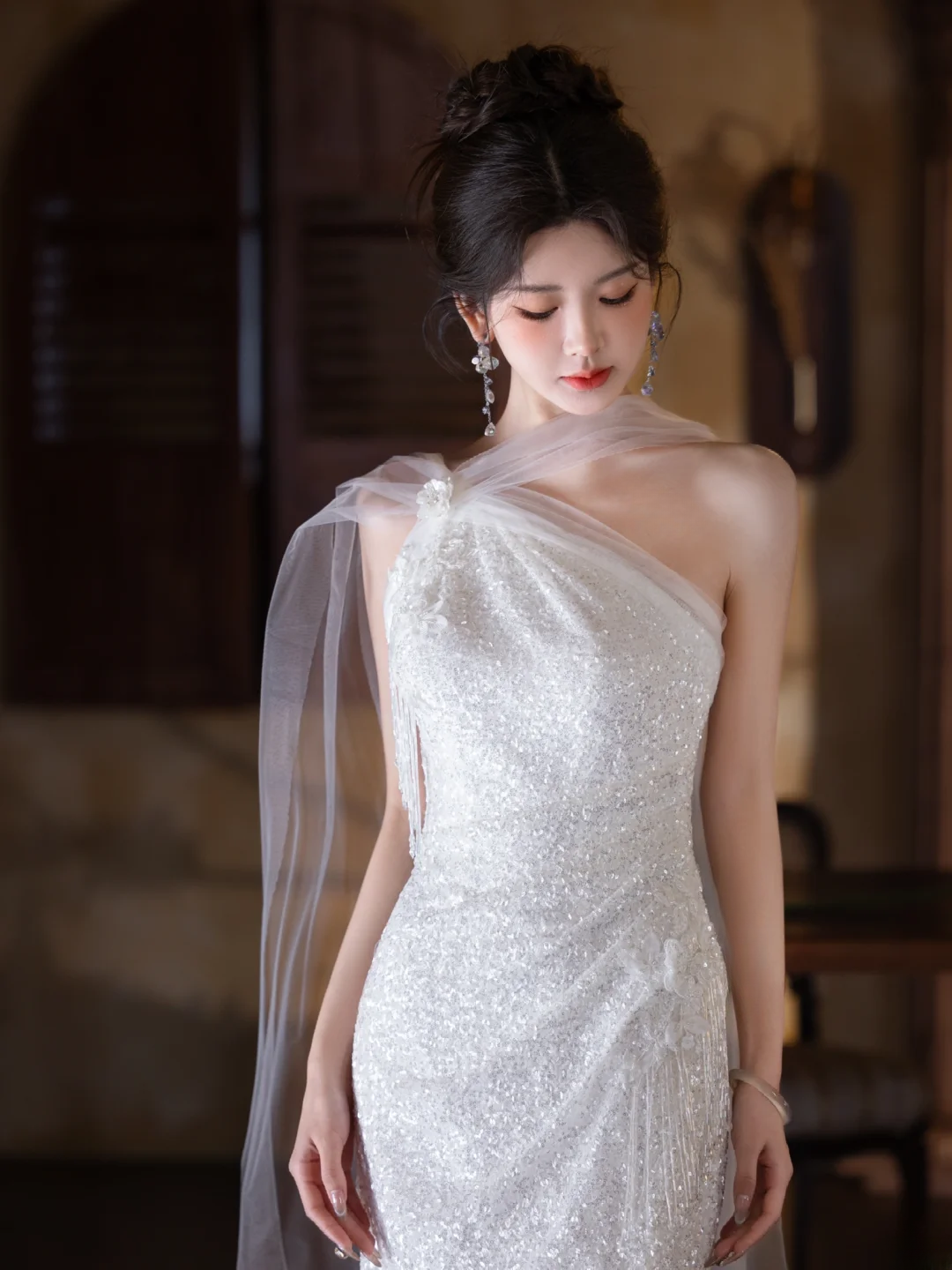 Shiny Mermaid One Shoulder Tulle Sequin Slit Long Prom Dress, Evening Dress
