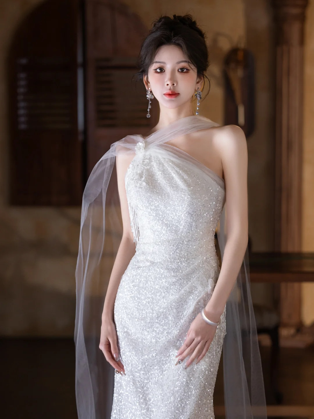 Shiny Mermaid One Shoulder Tulle Sequin Slit Long Prom Dress, Evening Dress