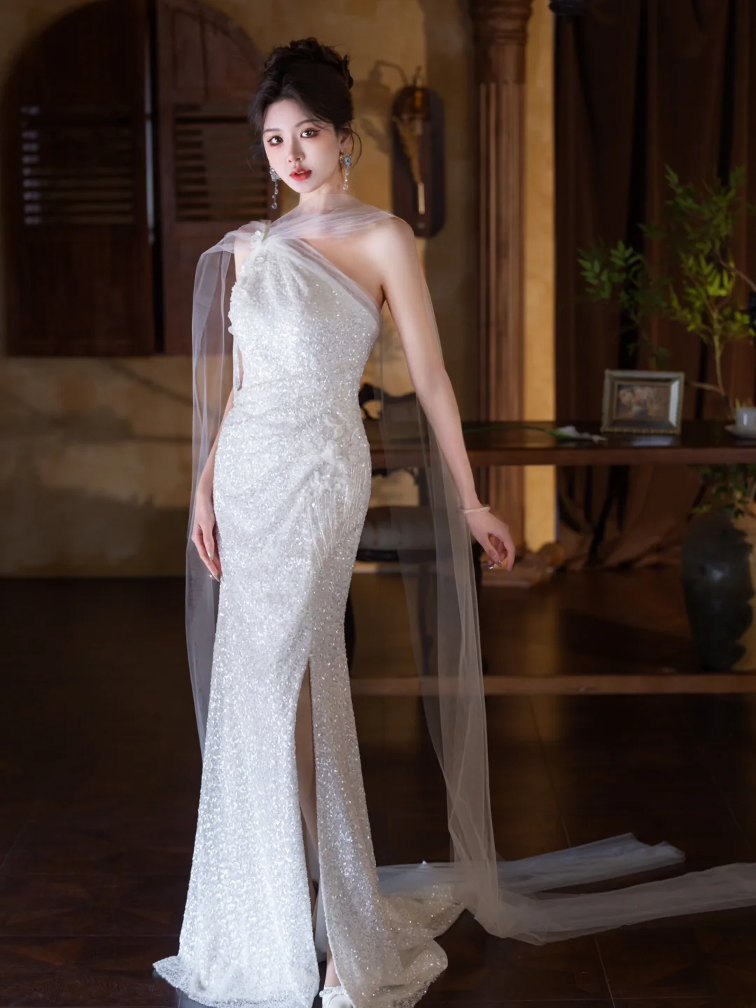 Shiny Mermaid One Shoulder Tulle Sequin Slit Long Prom Dress, Evening Dress
