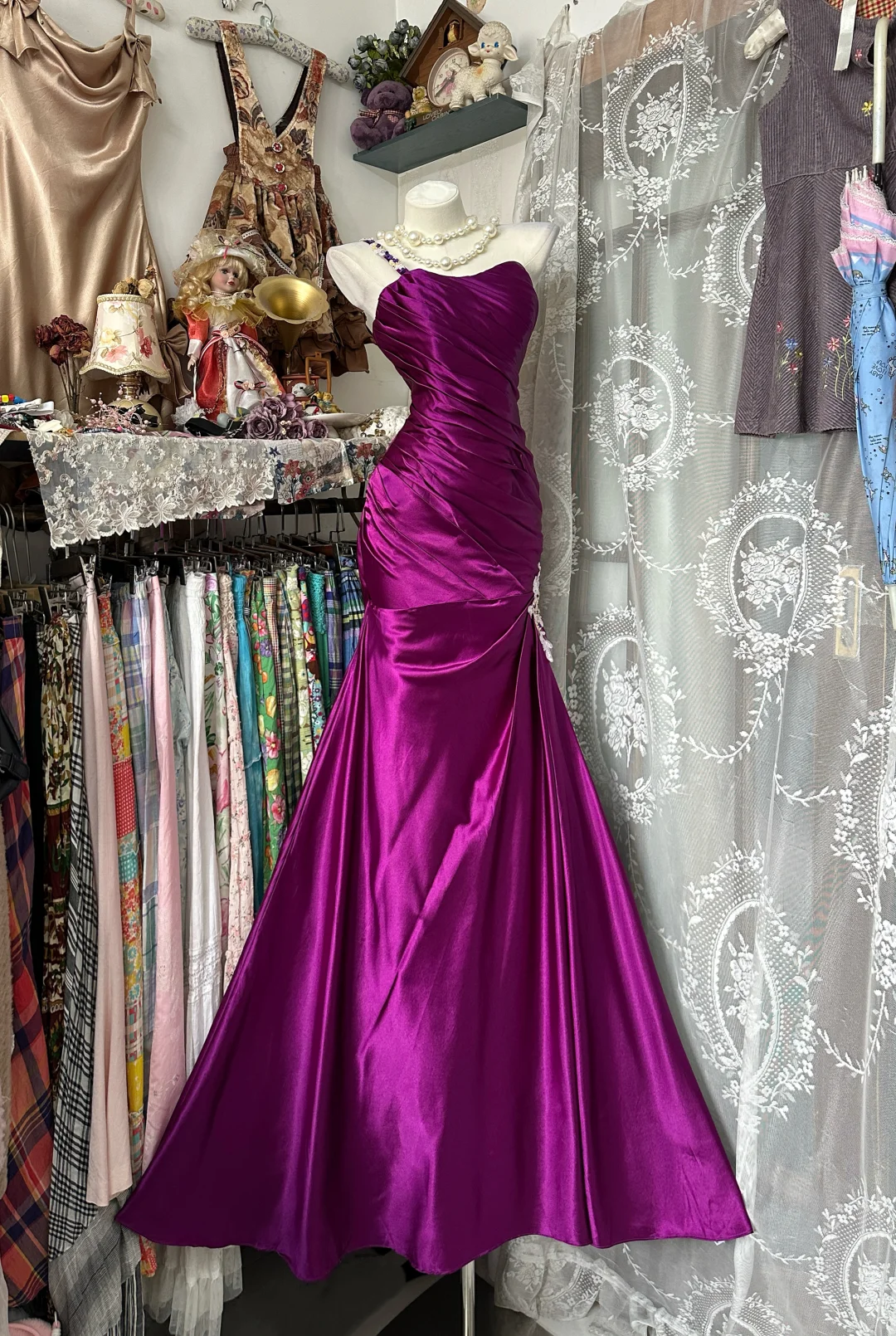 Chic Mermaid One Shoulder Pleated Satin Long Prom Dress, Evening Dress