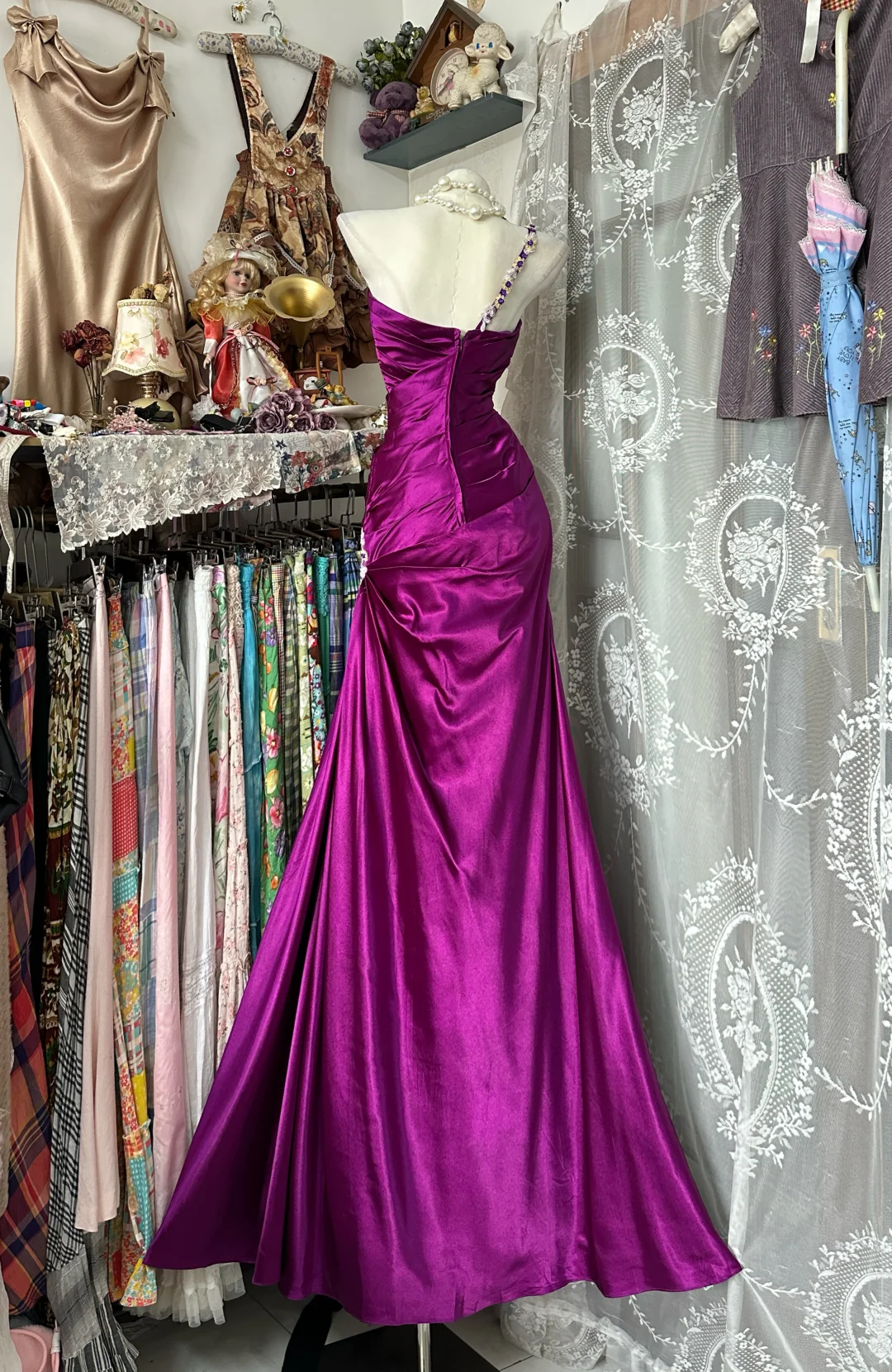 Chic Mermaid One Shoulder Pleated Satin Long Prom Dress, Evening Dress