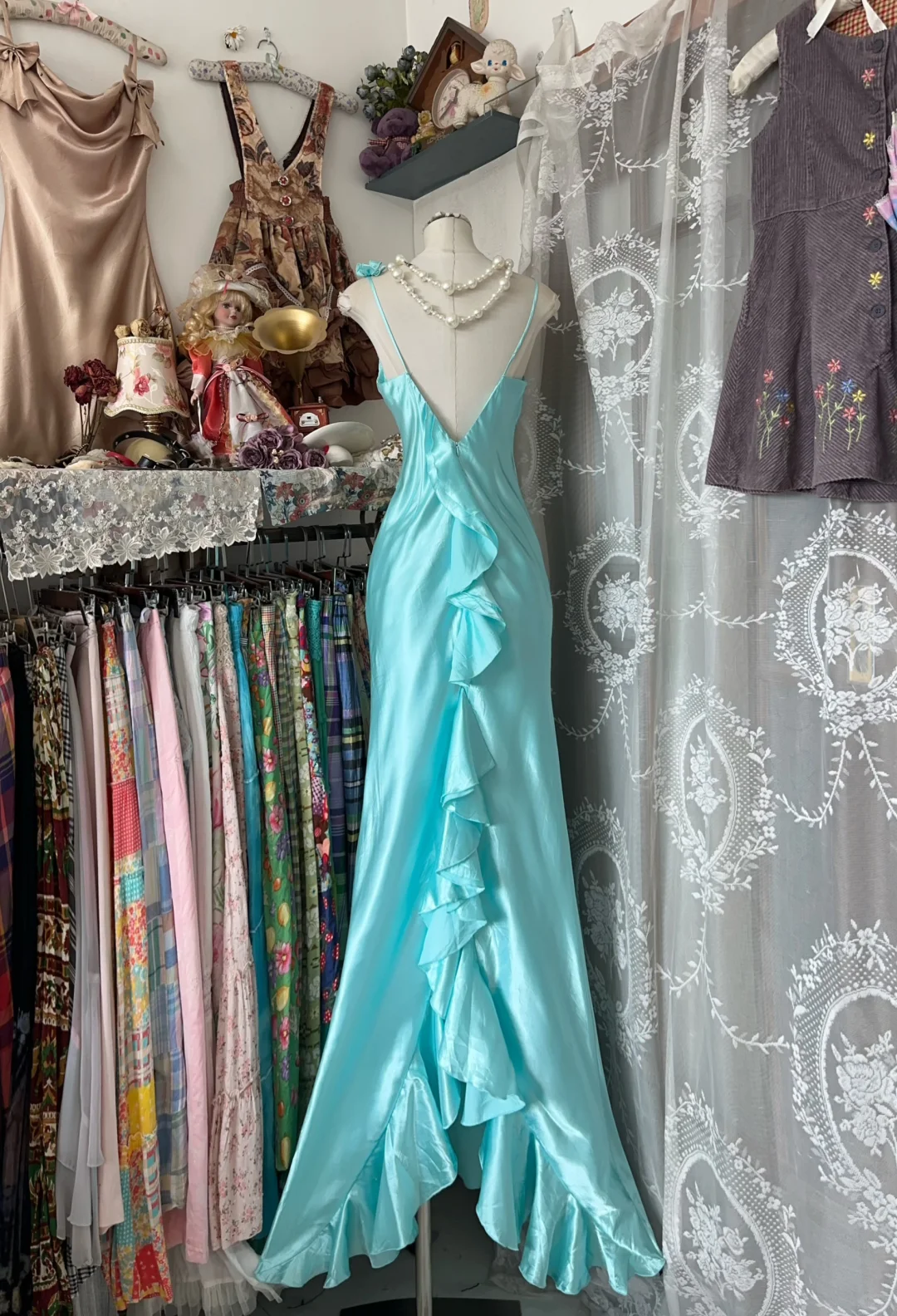 Simple Smooth Mermaid Spaghetti Straps Satin Ruffle Long Prom Dress, Evening Dress