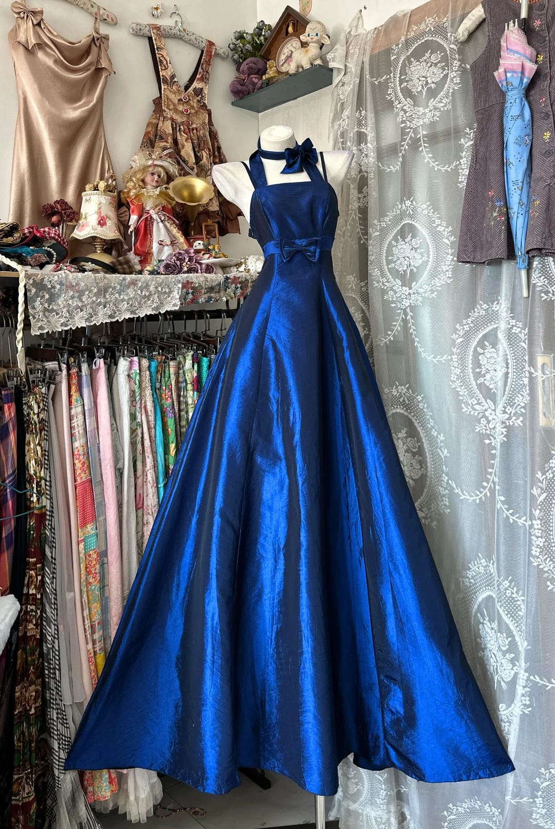 Vintage A Line Spaghetti Straps Satin Long Prom Dress, Evening Dress
