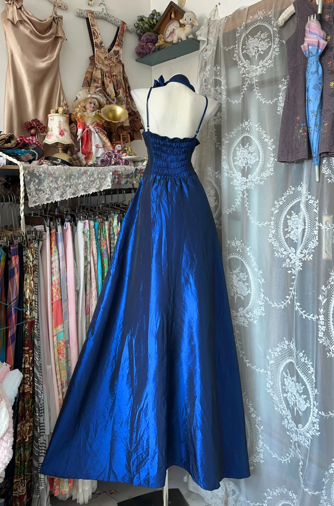 Vintage A Line Spaghetti Straps Satin Long Prom Dress, Evening Dress