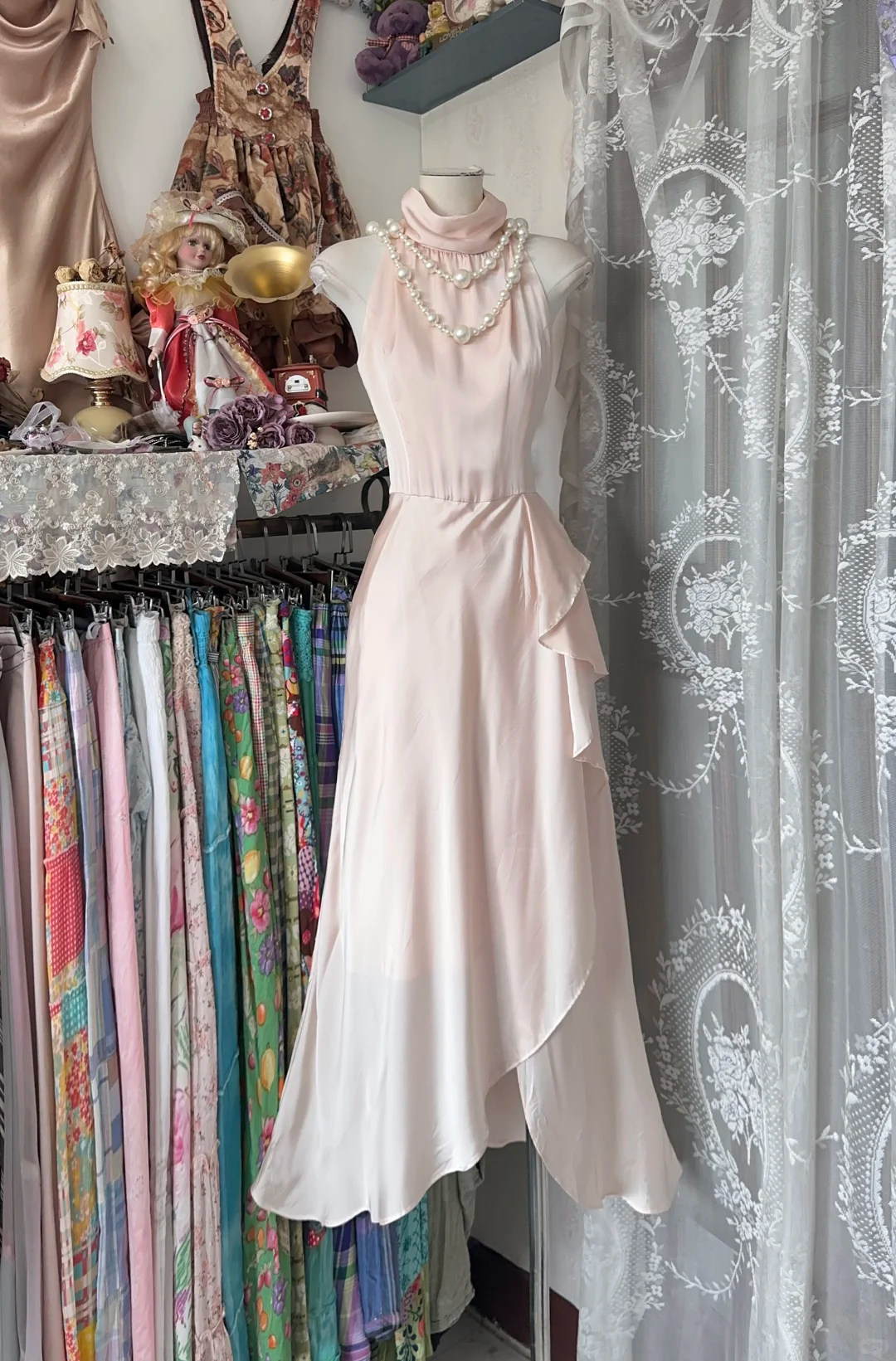 Sweet Pink Halter A Line Satin Long Prom Dress, Evening Dress