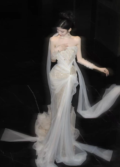 Shiny Pretty Mermaid Strapless Tulle Sequin Long Prom Dress, Evening Dress