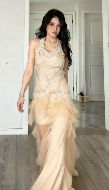 Unique Mermaid Halter Satin Ruffle Tulle Beaded Long Prom Dress, Evening Dress