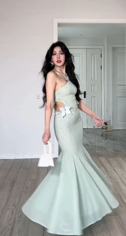 Sexy Chic Mermaid Halter Satin Long Prom Dress, Evening Dress