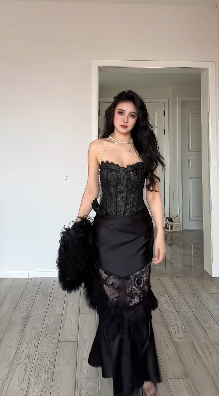 Sexy Sheath Black Mermaid Strapless Satin Lace Long Prom Dress, Evening Dress