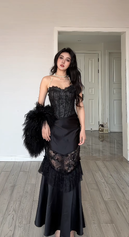 Sexy Sheath Black Mermaid Strapless Satin Lace Long Prom Dress, Evening Dress