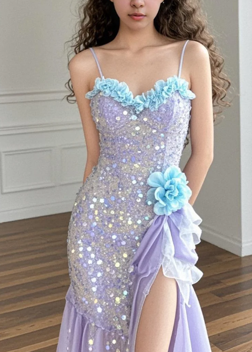 Shiny Pretty Mermaid Spaghetti Straps Lilac Chiffon Sequin Slit Long Prom Dress, Evening Dress