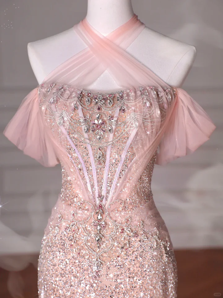 Sparkly Soft Pink Off The Shoulder Mermaid Tulle Sequin Beaded Slit Long Prom Dress, Evening Dress