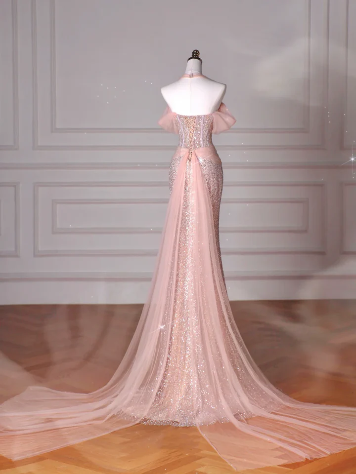 Sparkly Soft Pink Off The Shoulder Mermaid Tulle Sequin Beaded Slit Long Prom Dress, Evening Dress