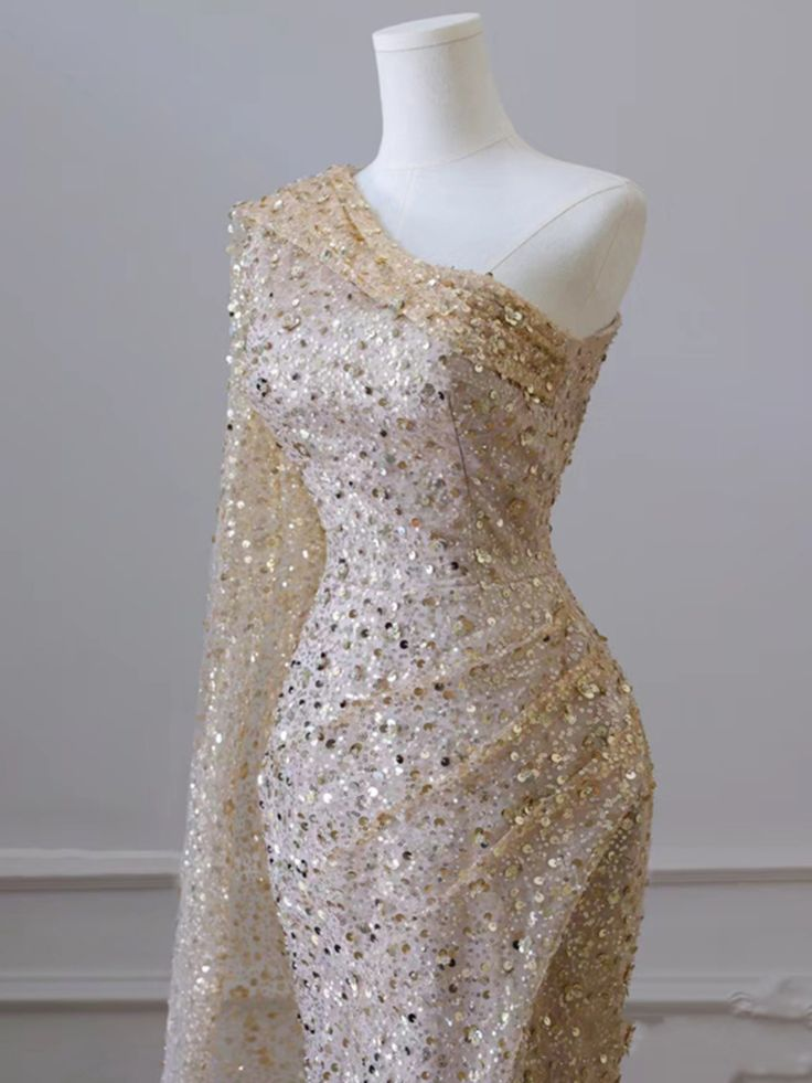 Gold Shiny One Shoulder Mermaid Sequin Slit Long Prom Dress, Evening Dress