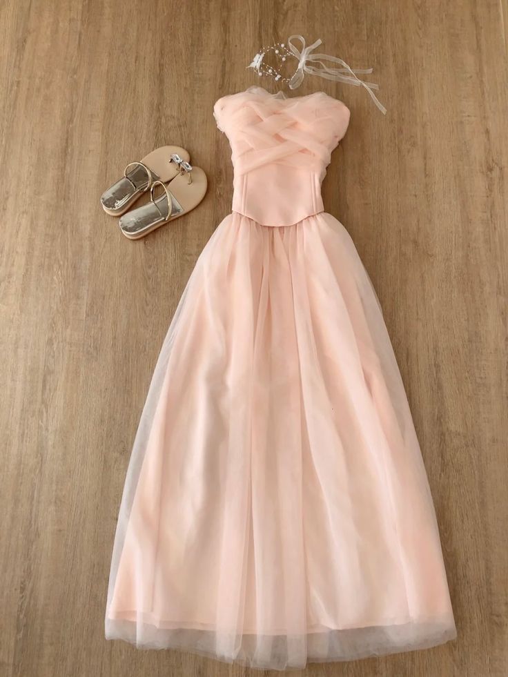 Elegant Soft Pink A Line Strapless Tulle Long Prom Dress, Evening Dress