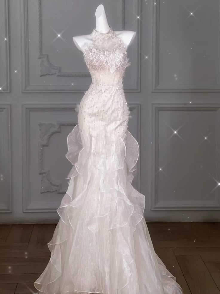 Sexy Pretty Mermaid Halter Satin Ruffle Chiffon Sequin Beaded Long Prom Dress, Evening Dress