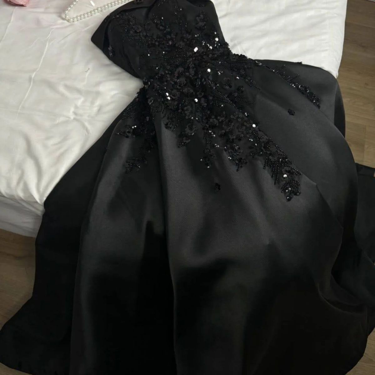 Classy A Line Black Strapless Satin Sequin Long Prom Dress, Evening Dress