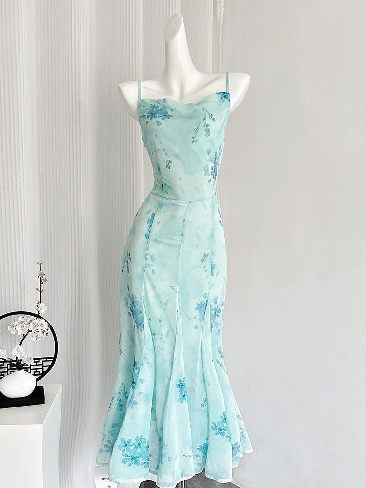 Pretty Mermaid Spaghetti Straps Chiffon Printed Floral Long Prom Dress, Evening Dress