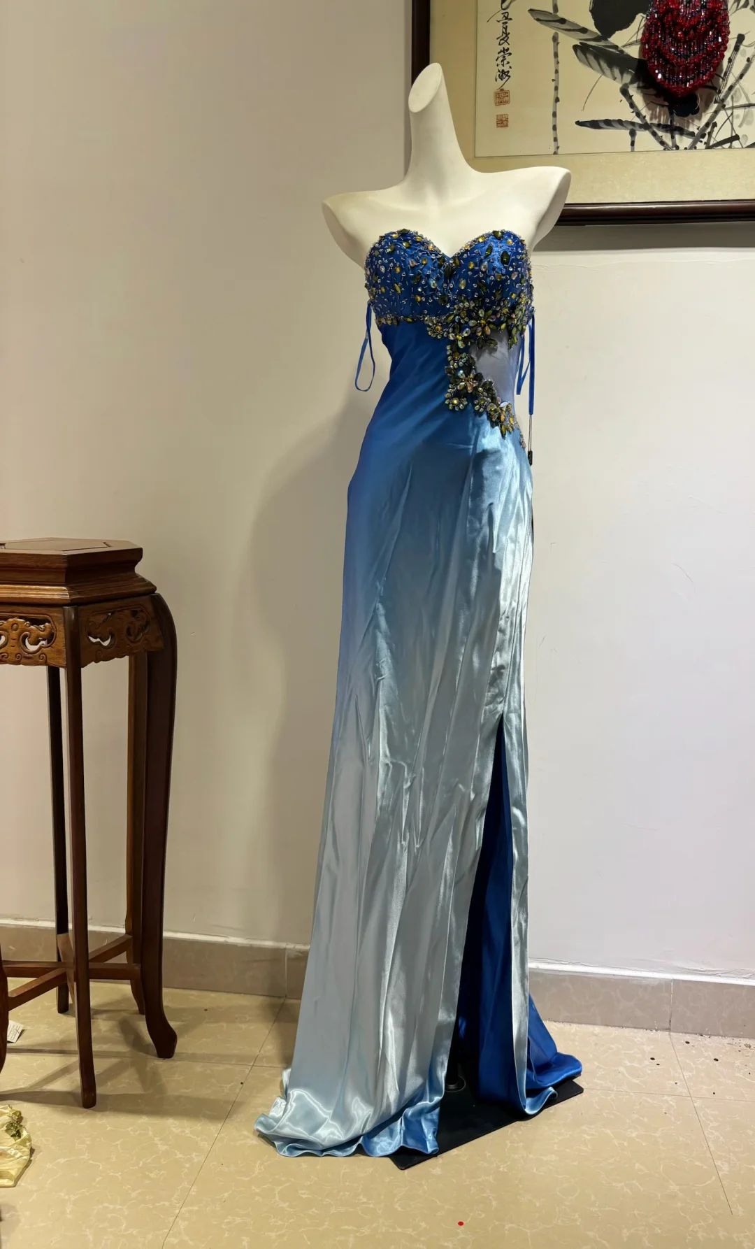 Chic Mermaid Sweetheart Gradient Satin Slit Beaded Long Prom Dress, Evening Dress