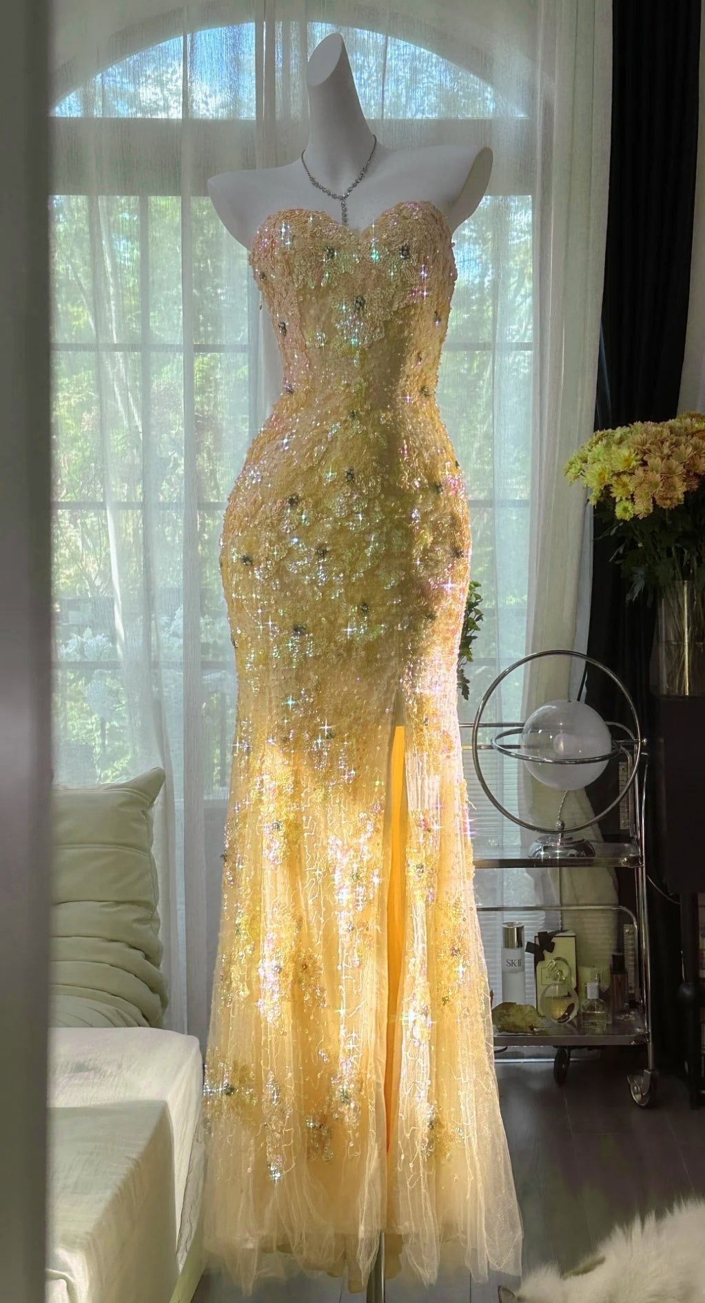 Gorgeous Mermaid Sweetheart Tulle Sequin Slit Beaded Long Prom Dress, Evening Dress