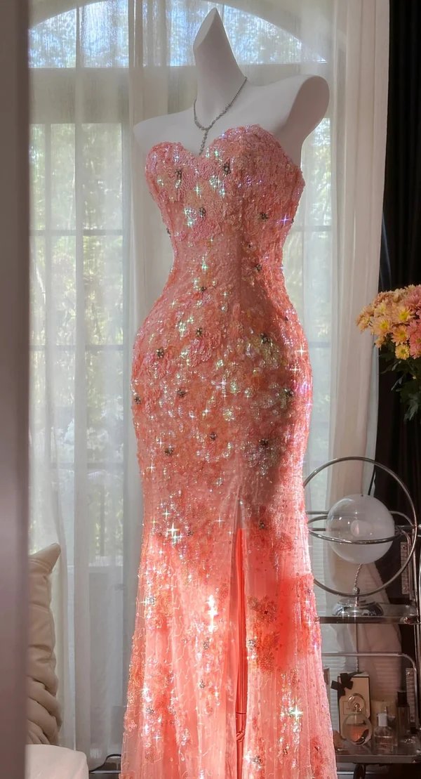 Gorgeous Mermaid Sweetheart Tulle Sequin Slit Beaded Long Prom Dress, Evening Dress