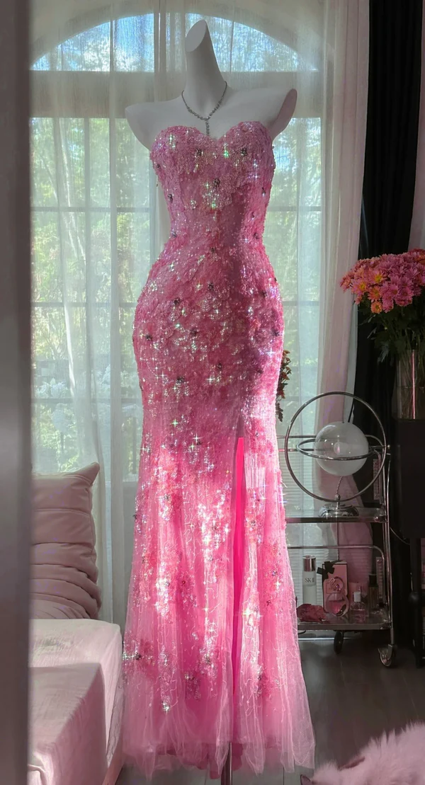 Gorgeous Mermaid Sweetheart Tulle Sequin Slit Beaded Long Prom Dress, Evening Dress