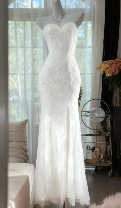 Gorgeous Mermaid Sweetheart Tulle Sequin Slit Beaded Long Prom Dress, Evening Dress