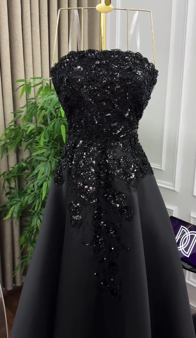 Formal Black A Line Strapless Satin Sequin Long Prom Dress, Evening Dress