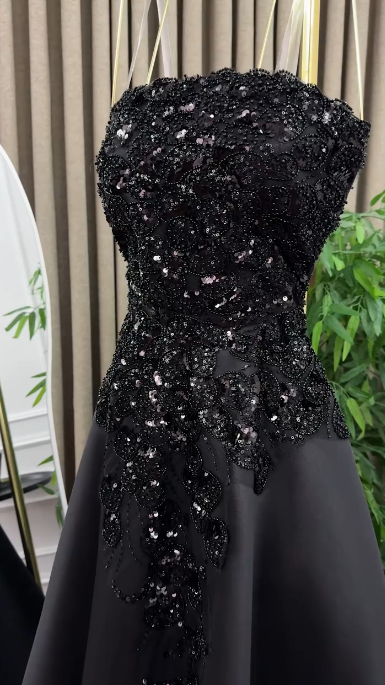 Formal Black A Line Strapless Satin Sequin Long Prom Dress, Evening Dress