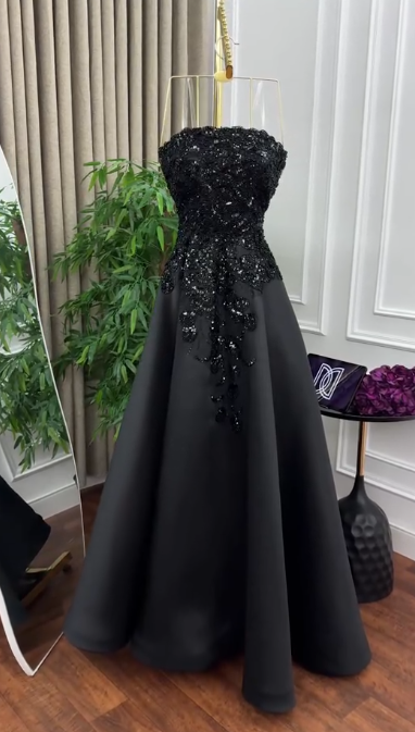 Formal Black A Line Strapless Satin Sequin Long Prom Dress, Evening Dress