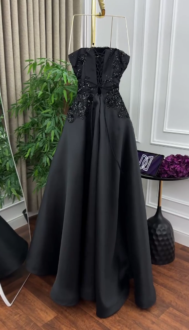 Formal Black A Line Strapless Satin Sequin Long Prom Dress, Evening Dress