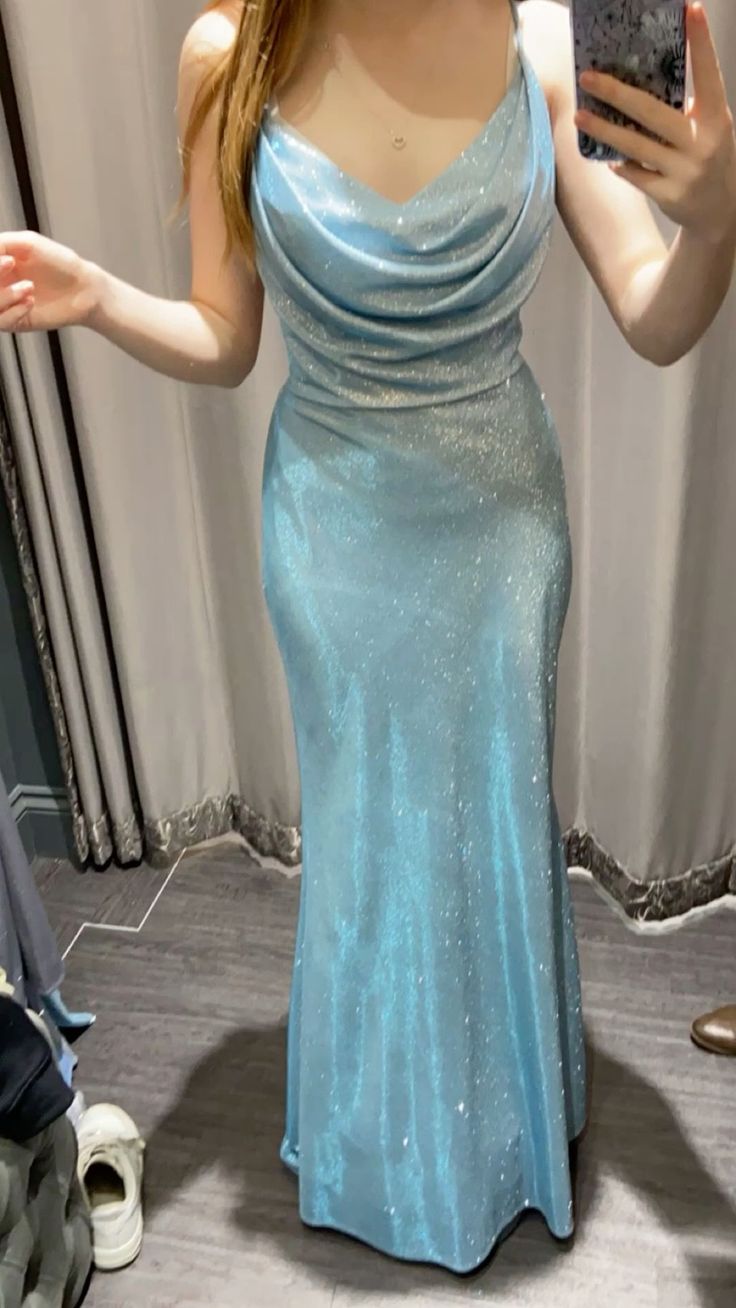 Shiny Mermaid Spaghetti Straps Satin Pleated Sequin Long Prom Dress, Evening Dress