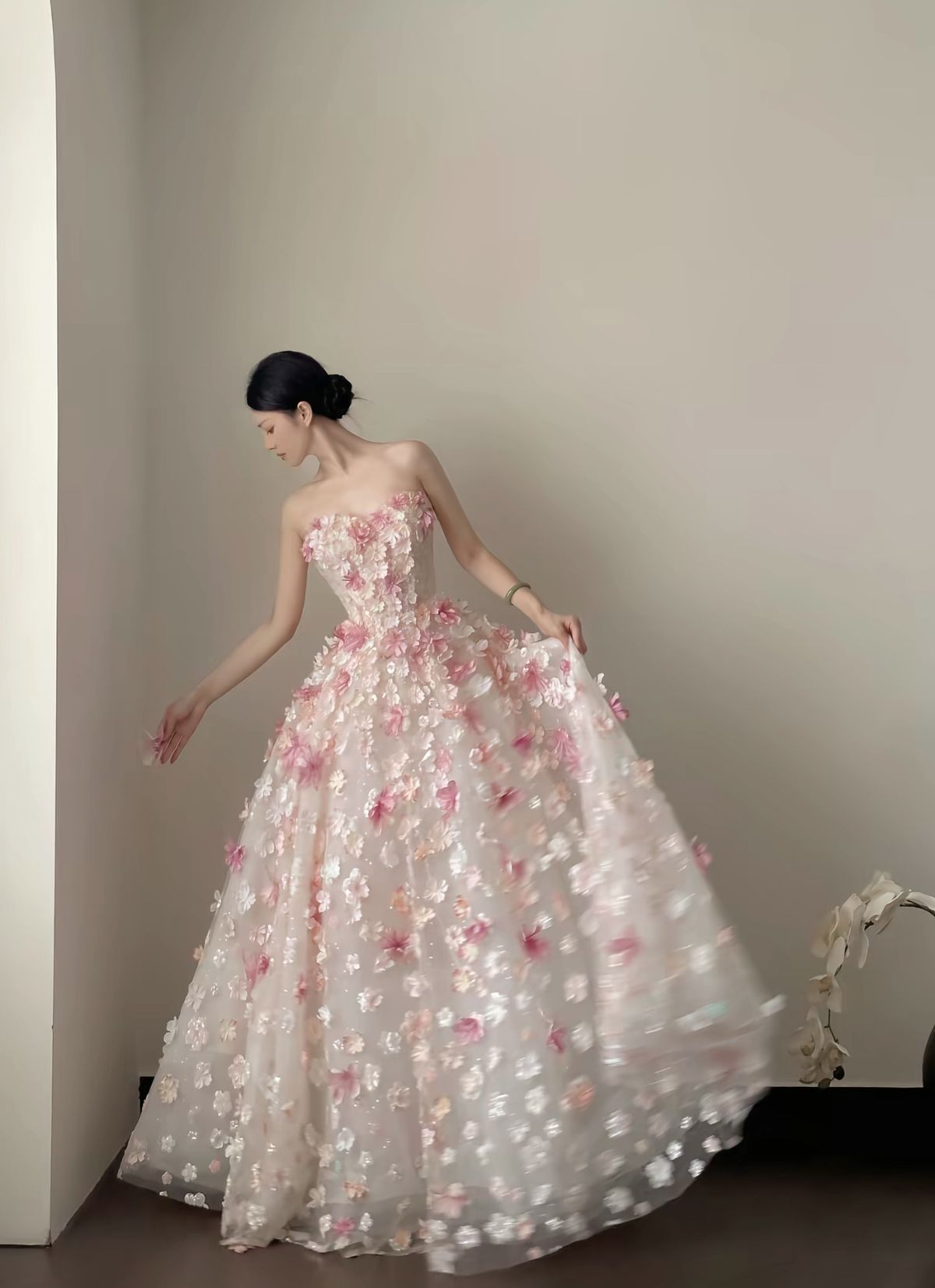 Fairy A Line Strapless Tulle Applique Long Prom Dress, Evening Dress