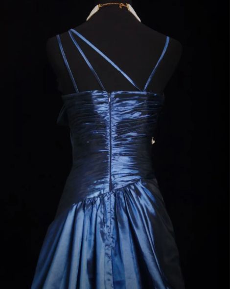 Chic A Line Spaghetti Straps Navy Satin Beaded Long Prom Dress, Evening Dress
