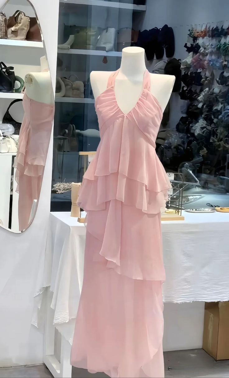 Elegant Soft Pink A Line Halter Chiffon Long Prom Dress, Evening Dress
