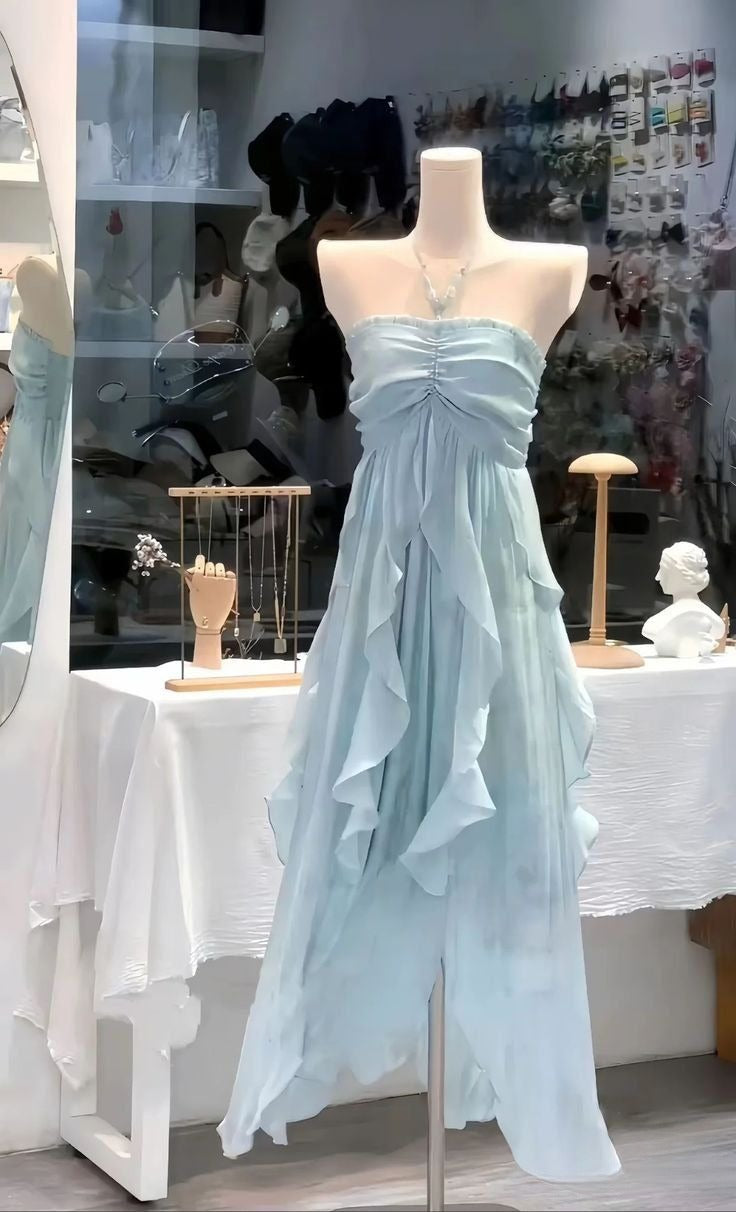 Pretty Pale Blue A Line Halter Chiffon Ruffle Long Prom Dress, Evening Dress